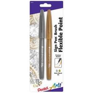 Pentel Arts Sign Pen Brush Flexible Point Gold & Silver