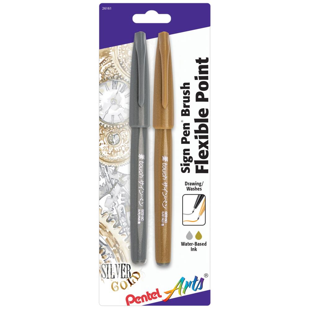 Pentel Arts Sign Pen Brush Flexible Point Gold & Silver